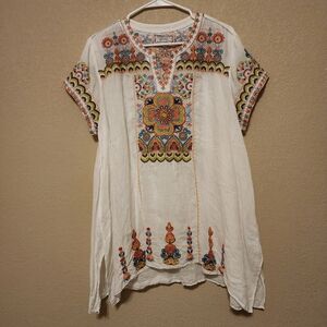 Johnny Was Workshop Tamia Embroidered Ramie Top/Tunic XL Boho Drape Top